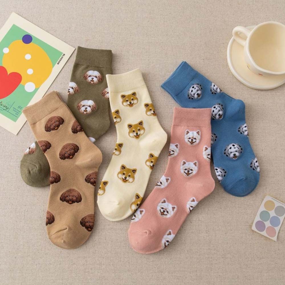 Vớ cotton cổ trung in hình chú chó hoạt hình phong cách Hàn Quốc cổ điển thoáng khí