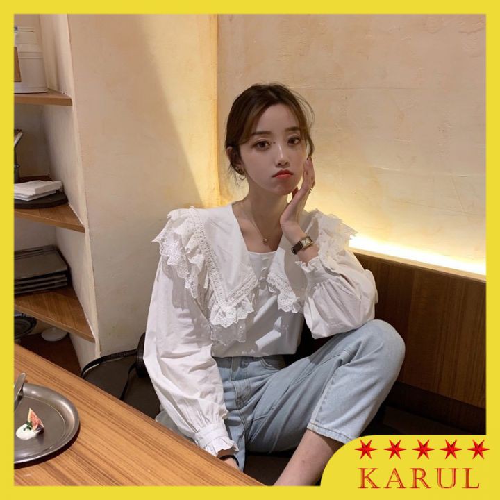 Áo sơ mi viền ren cúc bọc Ulzzang