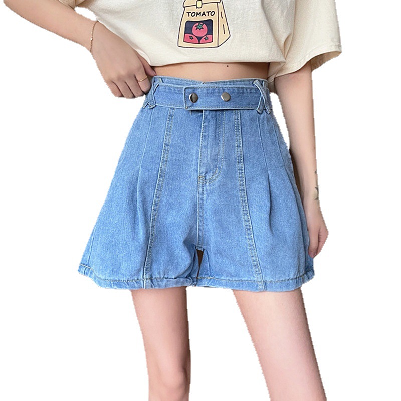 Quần Short Denim Lưng Cao Ống Rộng Điều Chỉnh Được Màu Sắc Phong Cách Cổ Điển Cho Nữ