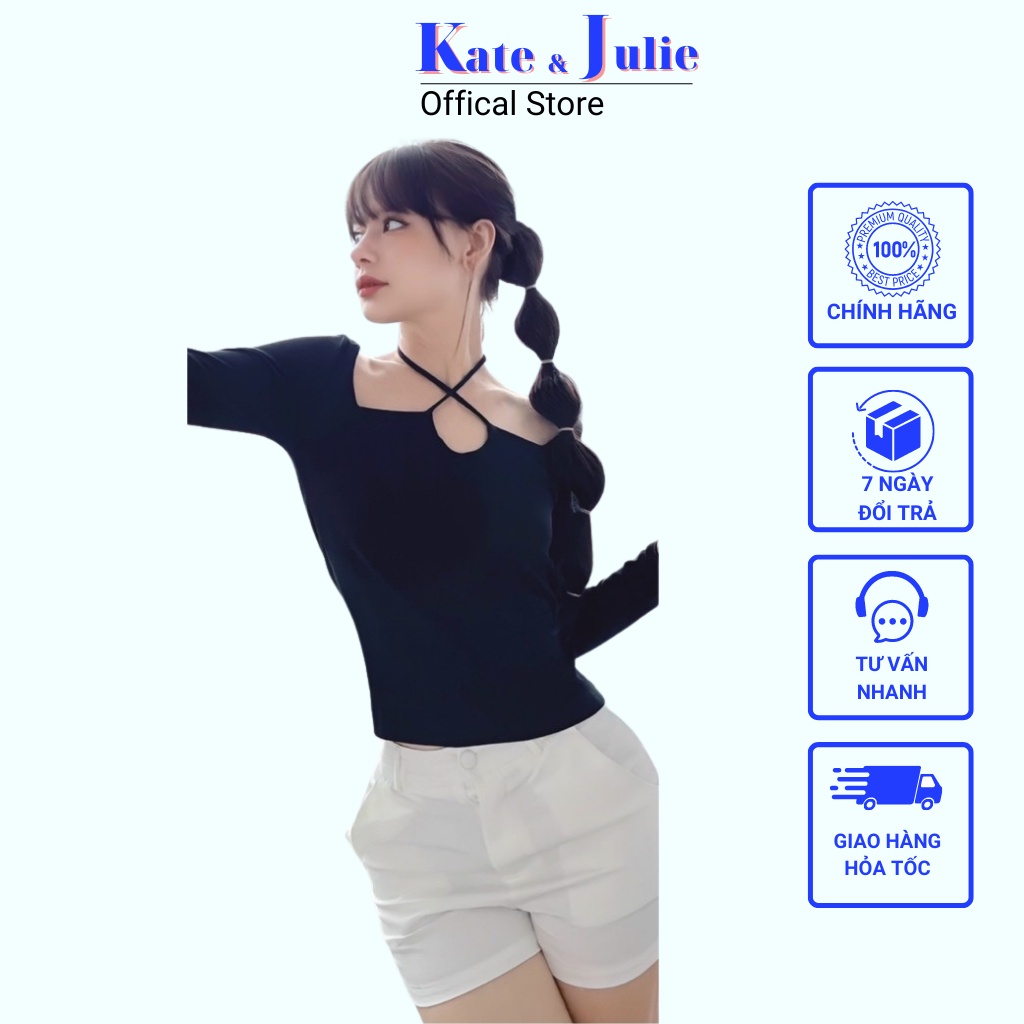 Áo kiểu nữ tay dài K&J, áo nữ cổ vuông dây chéo chất liệu vải thun mềm mại mặc siêu thoáng mát