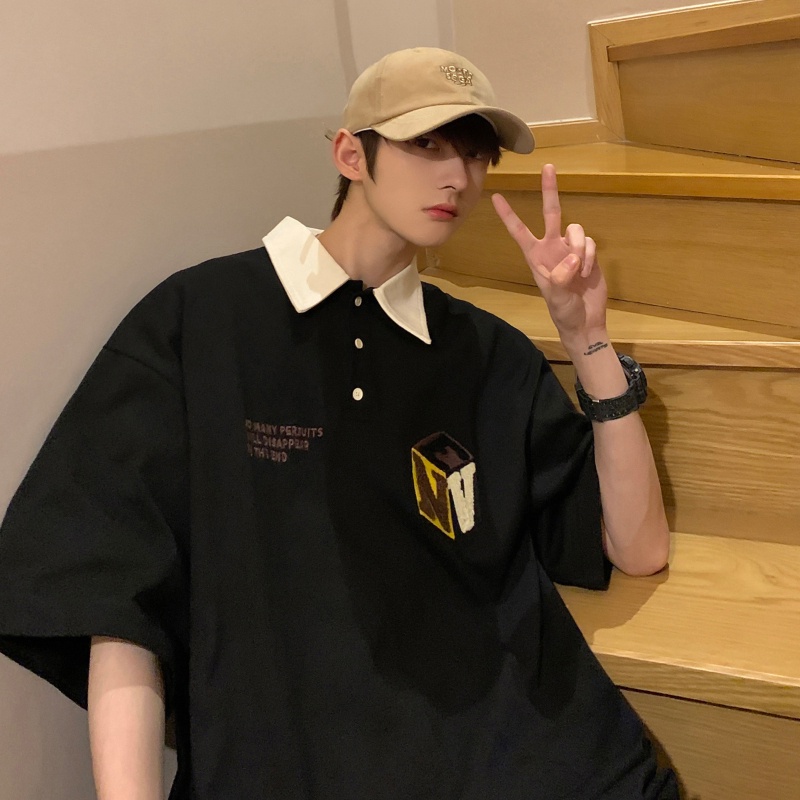 Áo Sơ Mi POLO Tay Ngắn Dáng Rộng In Chữ Thời Trang Hàn Quốc Cho Nam Size M-2XL