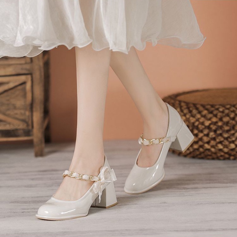 Giày Cao Gót Da Mũi Vuông Đính Nơ Thời Trang Cho Nữ