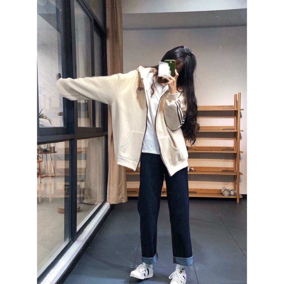 Áo khoác nam nữ thể thao ulzzang 3 sọc màu be🌸 Áo sweater hoodie nỉ bông kiểu dáng thể thao form rộng unisex KHN1 | BigBuy360 - bigbuy360.vn