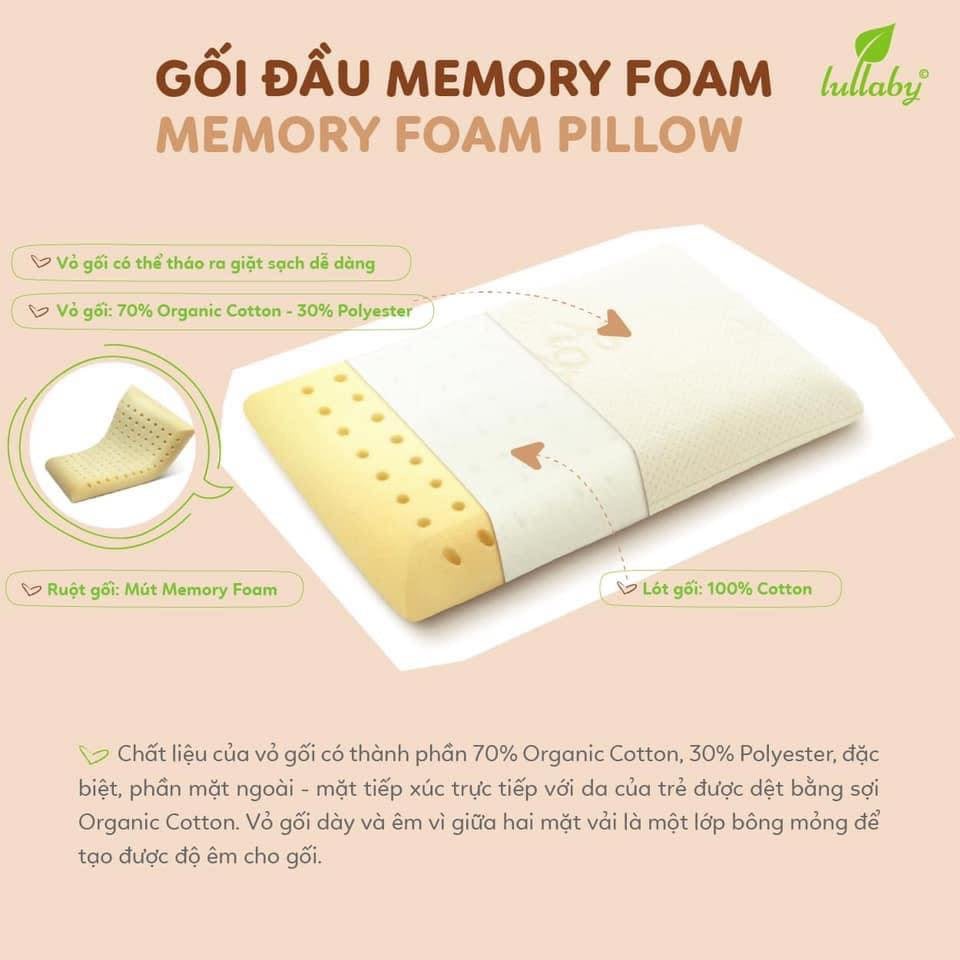 GỐi sơ sinh LULLABY memory foam ( cao su non ) chống bẹp đầu [ TẶNG 1 VỎ GỐI ]