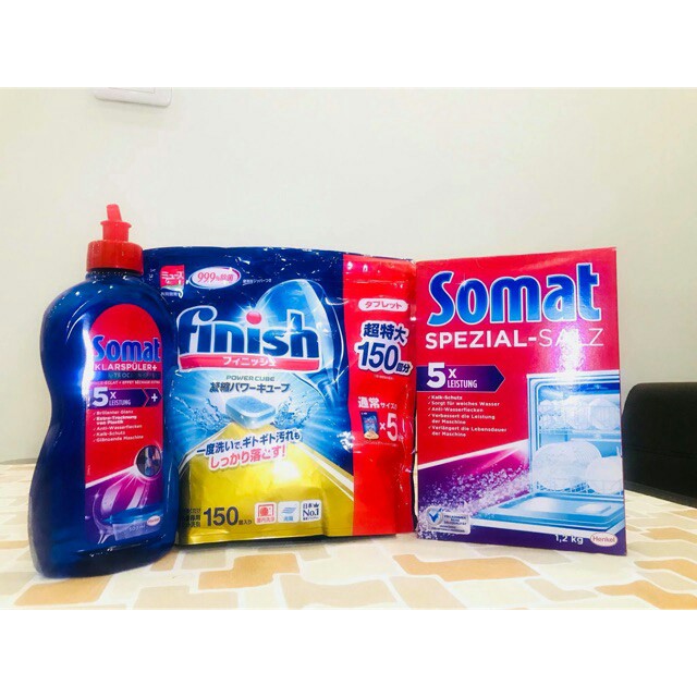 Bộ 3 sản phẩm viên rửa bát finish 150 viên + nuớc làm bóng Somat 750ml + muối rửa bát Somat 1,2 kg
