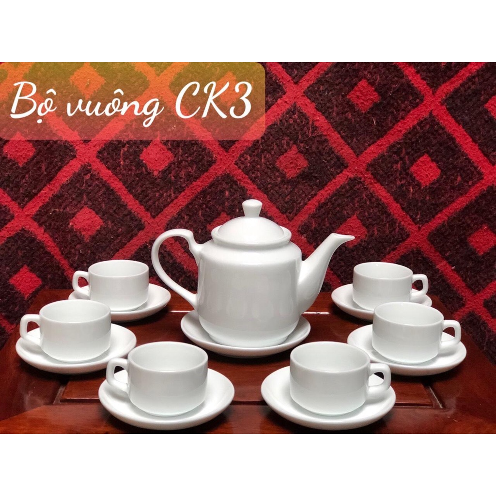 Bộ ấm chén uống trà gốm Sứ Bát Tràng dáng tiệp vuông dung tích 500ml