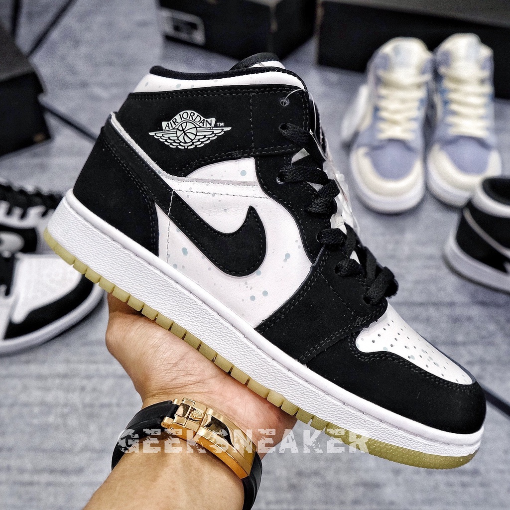 [GeekSneaker] Giày Jordan 1 Mid Black White Teal Tint (GS) - Dạ Quang