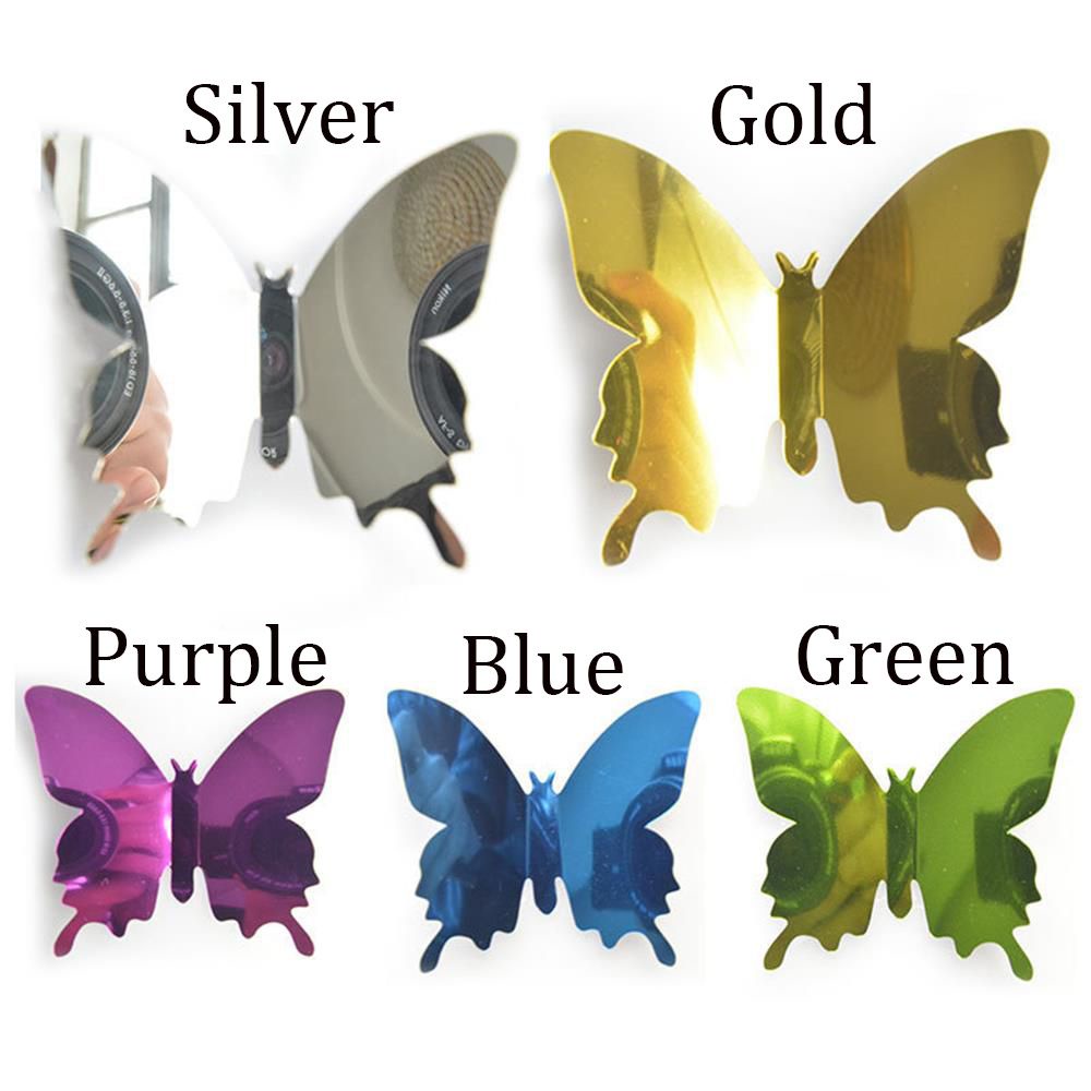 Bộ 12 miếng dán tường bằng PVC tráng gương hình bướm 3D nhiều màu trang trí nhà cửa