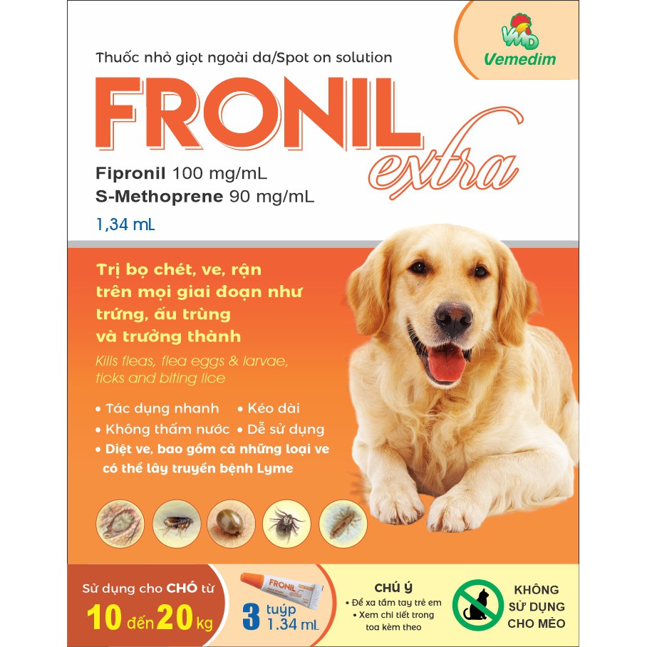 Vemedim Fronil-extra thuốc trị ve, rận cao cấp cho chó từ 10kg-20kg, 1 hộp 3 tuýp 1.34ml (nhãn cam)