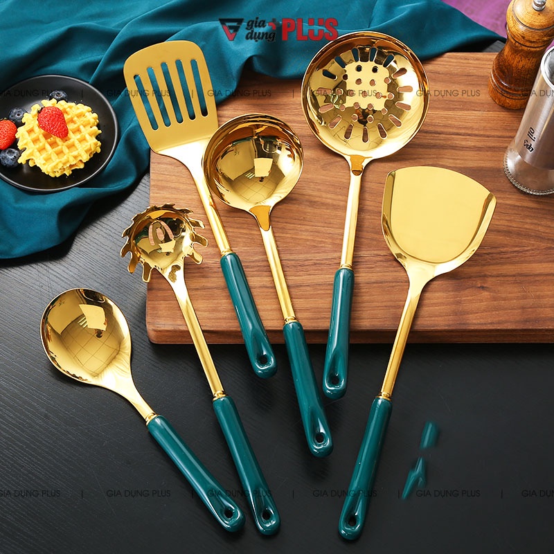 Bộ muỗng canh, muỗng lẩu, xẻng, thìa lọc bằng inox 304, tay cán sứ xanh ngọc lục bảo Bắc Âu cao cấp