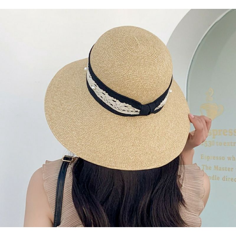 Nón mũ rộng vành đi biển đẹp nữ viền ren hạt châu thời trang Hàn Quốc