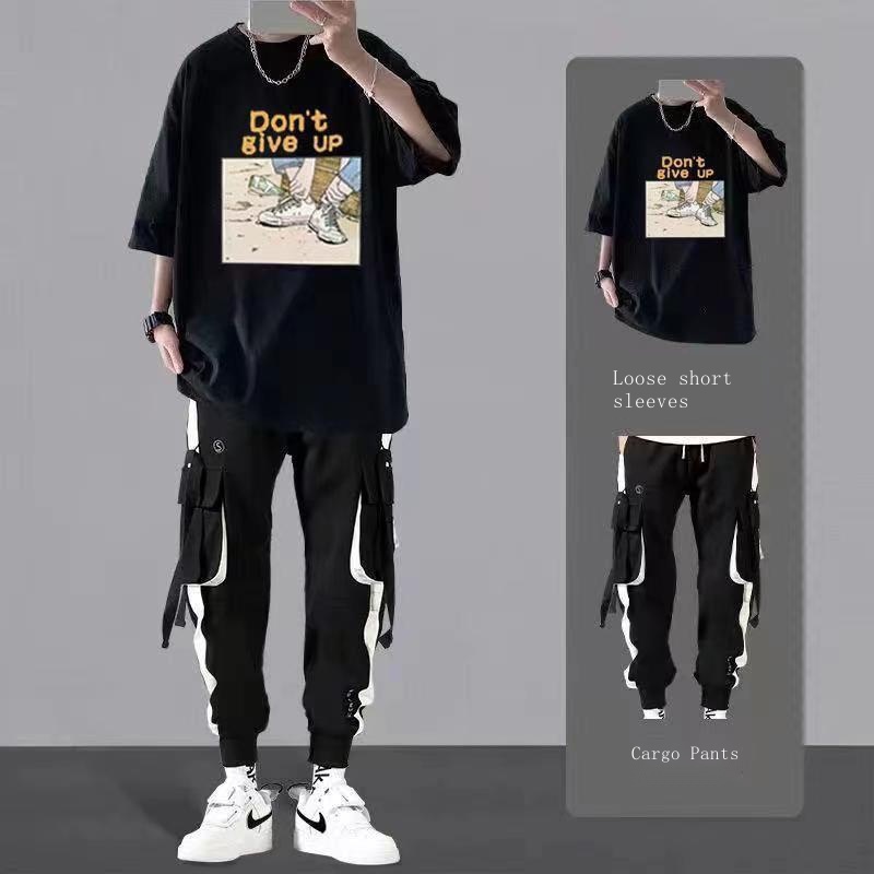 Set Áo Thun Ngắn Tay Cổ Tròn + Quần Yếm Dài Ống Rộng Thời Trang Hàn Cho Nam