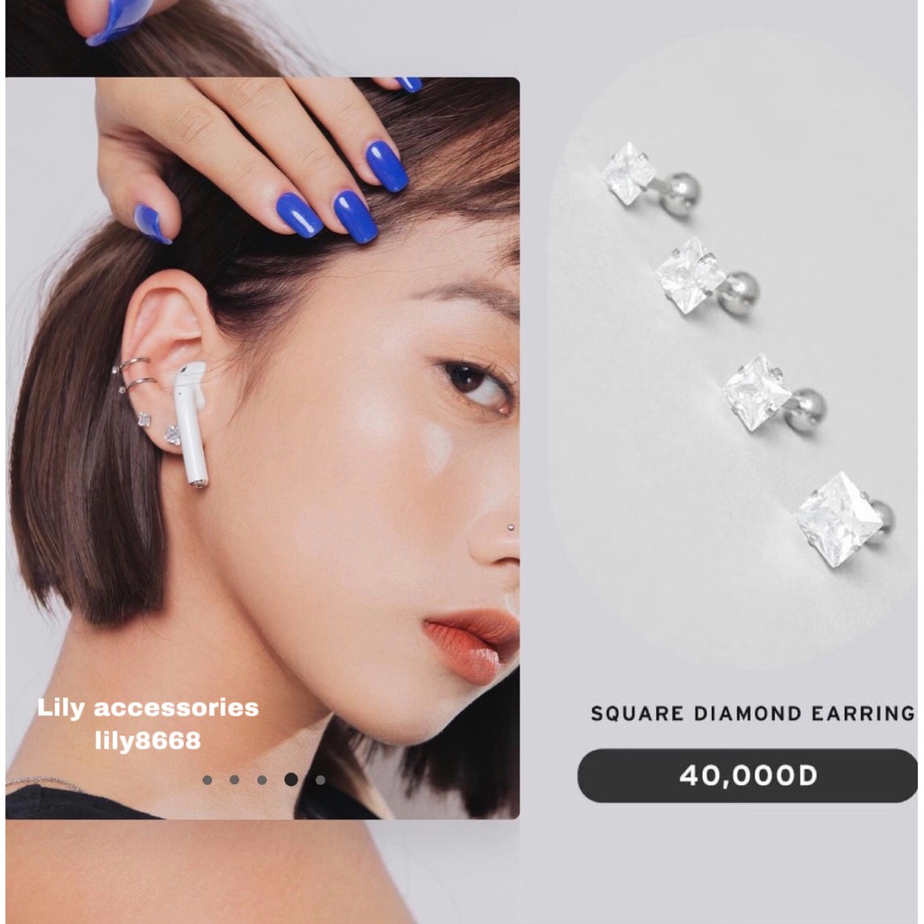 khuyên tai titan tứ giác đính đá không gỉ không đen không dị ứng cho nam nữ