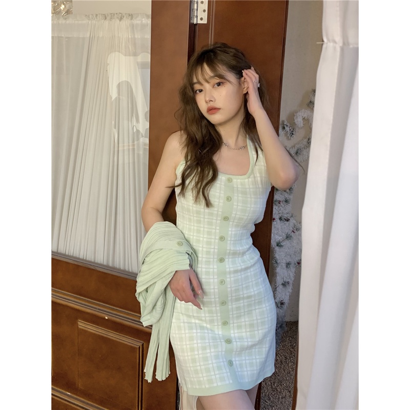 DUNEA Bộ Đầm Dệt Kim Kẻ Sọc + Áo Khoác Cardigan Chống Nắng Thời Trang Cho Nữ