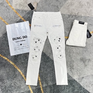 Quần bò khoá lệch thêu chuột đỏ thêu ở đùi - Quần bò amiri vá thỏ