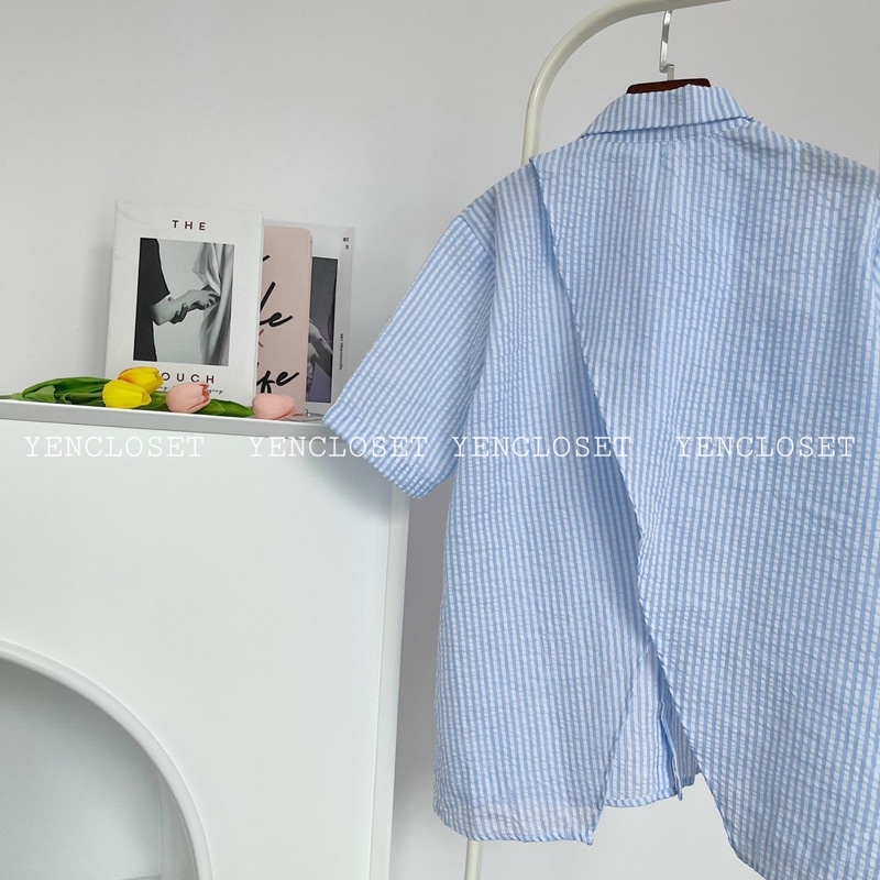 Hình thật [Freeship] - Set áo sơ mi sọc xẻ lưng và short trắng