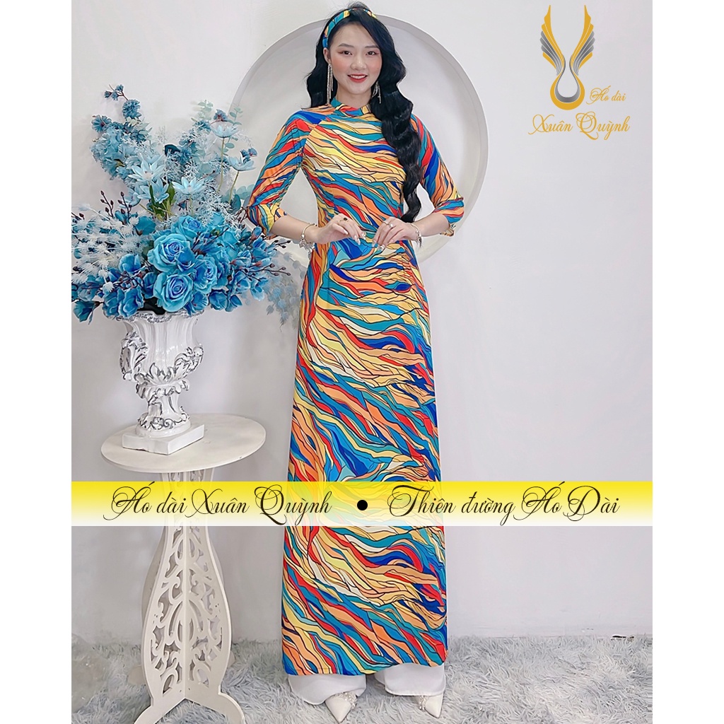 Áo Dài Retro Đa Sắc Trẻ Trung, Thanh Lịch Duyên Dáng Tặng Tuban Lụa Habutai K08 - Áo Dài Xuân Quỳnh