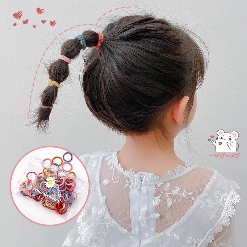 Bộ 100 Dây Buộc Tóc Cao Su Dễ Thương Phong Cách Hàn Quốc Cho Bé Gái