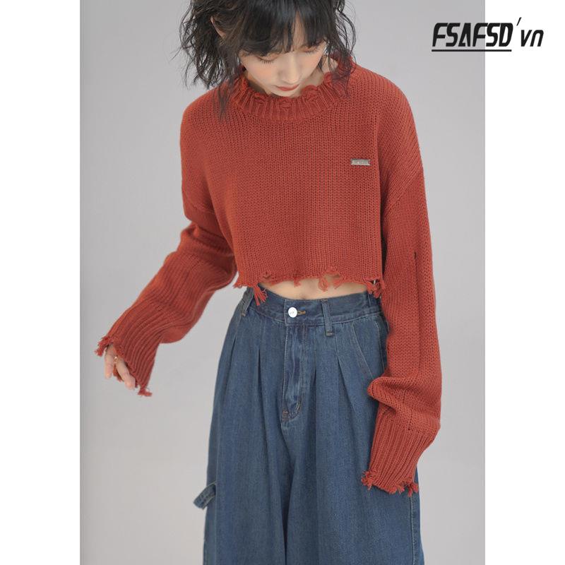 Áo Sweater Dệt Kim Tay Dài Dáng Rộng Phối Rách Cá Tính Cho Nữ