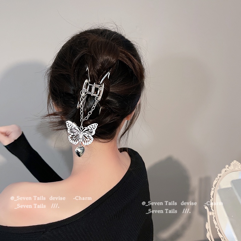 Kẹp Tóc Hình Bướm / Cá Mập Bằng Kim Loại Cao Cấp Phối Tua Rua Đơn Giản Dành Cho Bạn Nữ