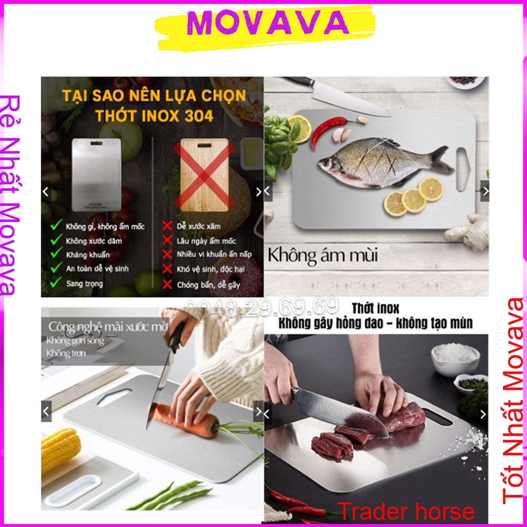 Thớt inox kháng khuẩn 304 cao cấp vệ sinh dễ dàng chống ẩm mốc và không Xước Dăm an toàn thực phẩm Shop Movava- TINOX1