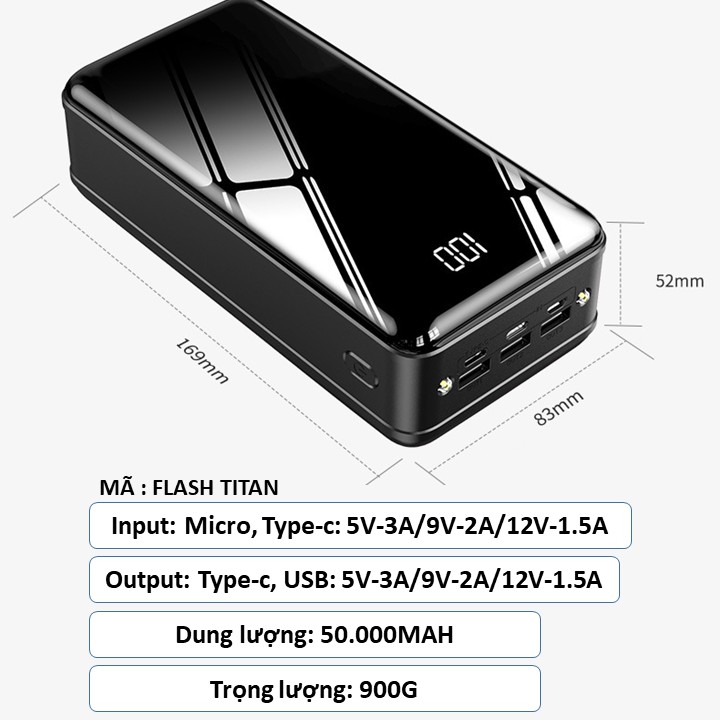 [BẢO HÀNH 12 THÁNG] Pin sạc dự phòng 50.000mAh ONC Flash Titan, Sạc nhanh 18W, 3 cổng input- Chính hãng