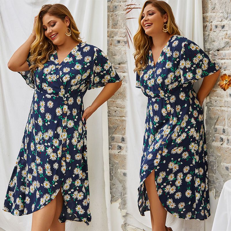 Đầm Midi Cài Nút Cổ Chữ V In Họa Tiết Hoa Cúc Nhí Xinh Xắn Thời Trang Phong Cách BOHO Cho Nữ