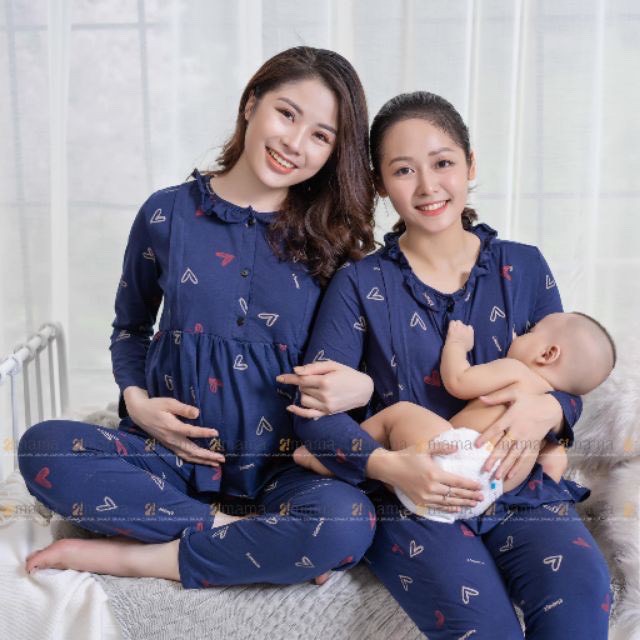 Bộ bầu và sau sinh mặc nhà Vemisa – Bộ bầu dài tay TIM cotton đẹp khoá ti cho con bú mới nhất BD904