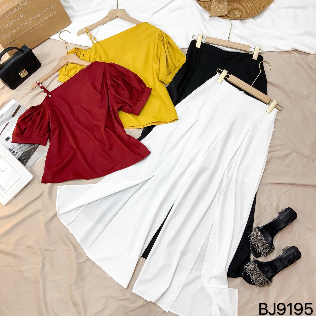 Set bộ rời MIMIX áo lệch vai tay phồng dây vai đính ngọc và quần ống rộng trơn xẻ chân BJ9195 | BigBuy360 - bigbuy360.vn