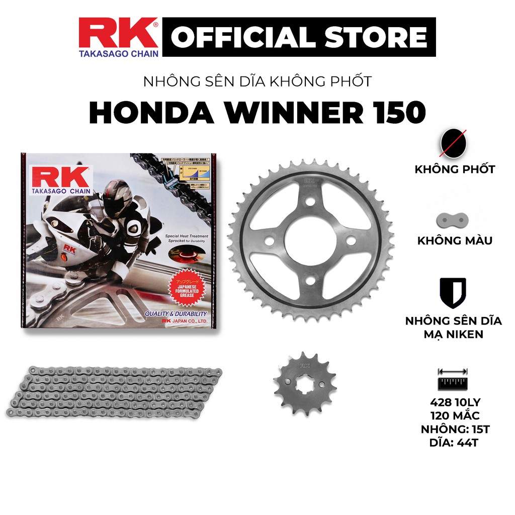 Nhông Sên Dĩa RK Takasago chain dành cho xe máy Honda Winner 150, 10 ly thép không phốt cao su