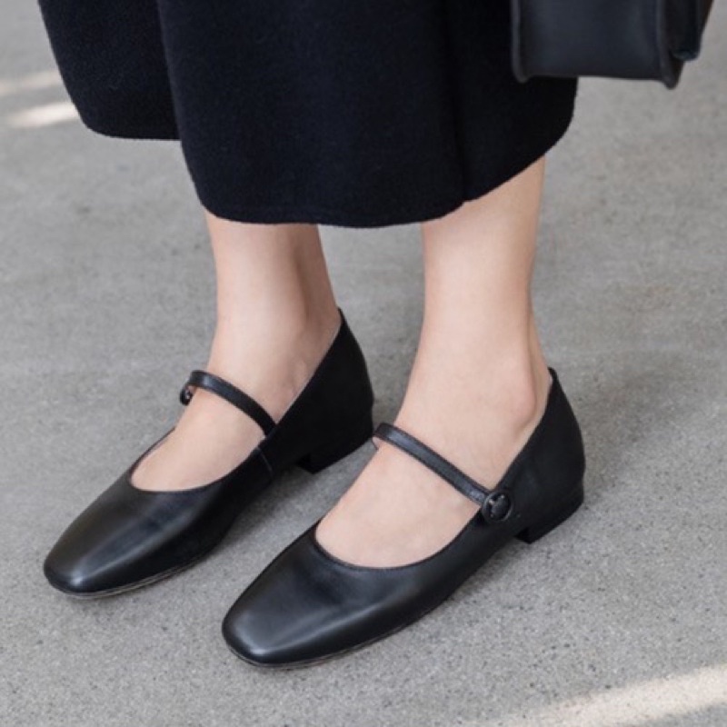 Giày bệt nữ búp bê đế bằng xinh đơn giản mũi tròn da mềm nhẹ nhàng màu đen/kem đi chơi đi học cài quai ngang rẻ
