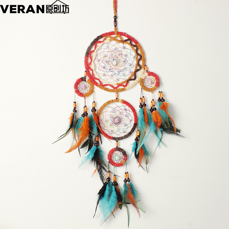 Dreamcatcher boho đỏ cam có lông vũ treo tường trang trí, decor homestay - Handmade Dreamcatcher Decoration