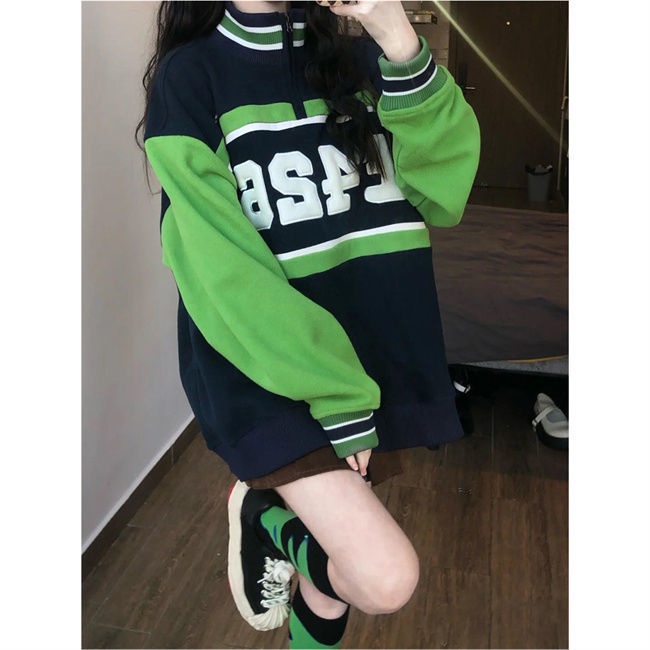 Design sense half zipper pullover women's sweater spring 2022 loose casual mid-length bf Tide brand long sleeve top