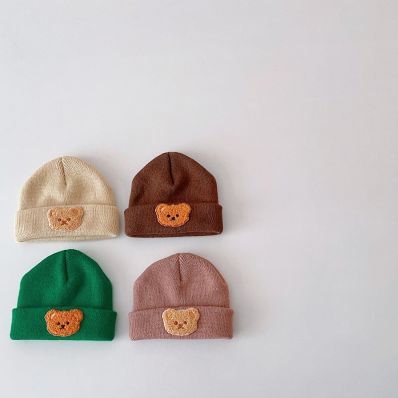 Mũ Beanie Dệt Kim Mềm Mại Màu Trơn Hình Gấu Hoạt Hình Hàn Quốc Giữ Ấm Mùa Đông Cho Trẻ Sơ Sinh