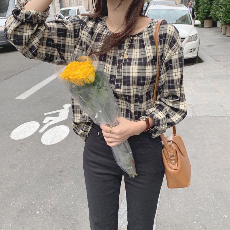 SUXI Áo Sơ Mi Caro Tay Dài Phong Cách Hàn Quốc