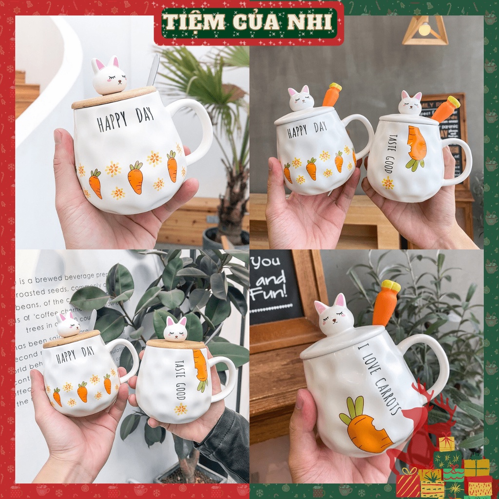 Ly sứ có nắp gắn thỏ 3D màu trắng in hình cà rốt màu cam có quai cầm kèm muỗng cà phê 400ml Tiệm Của Nhi LSCN18