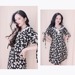 ( HOT ) Đầm Hoa cúc suông lụa hoa cổ sen phối ren
