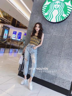 Quần bò rách cạp cao