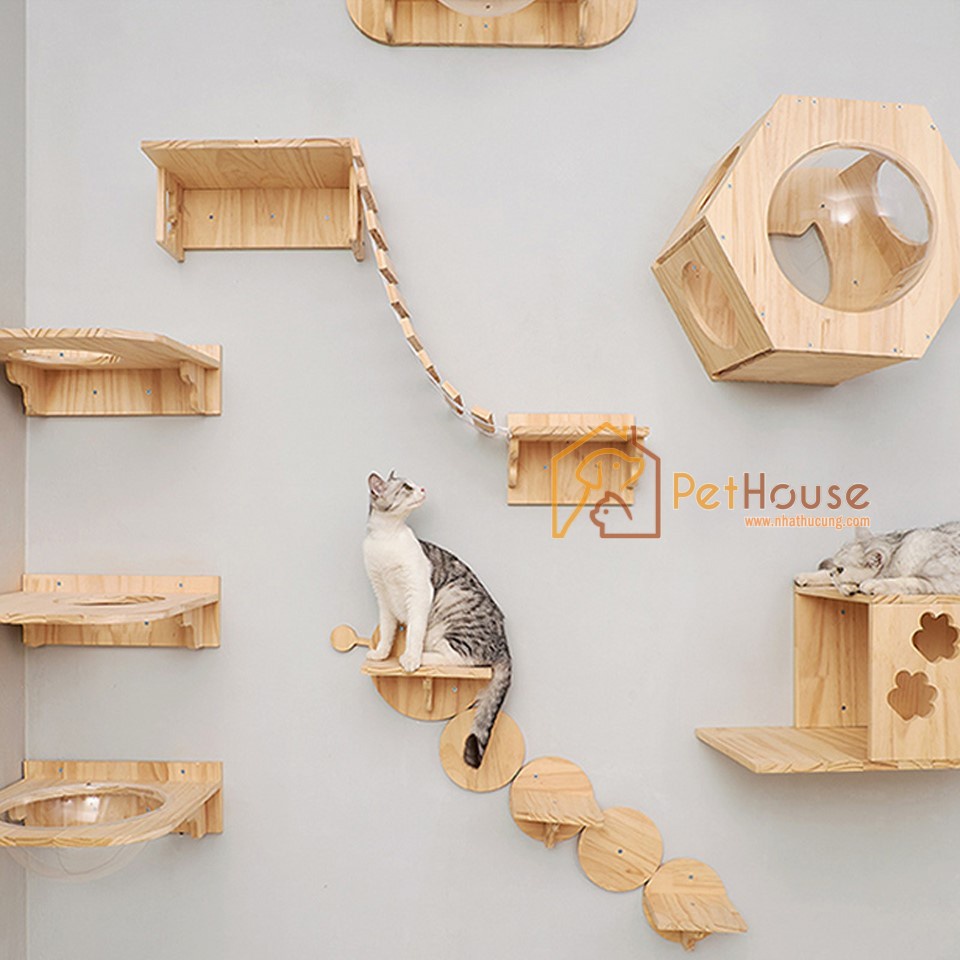 Khu vui chơi liên hoàn cho mèo 6 chi tiết chất liệu gỗ thông tự nhiên pethouse