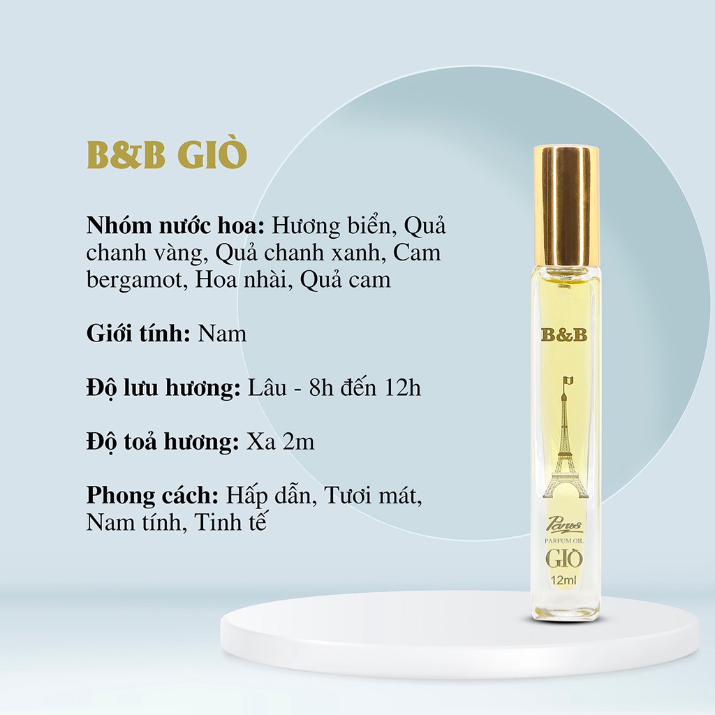 Tinh dầu nước hoa nam B&amp;B de Giò EDP 12 ml lưu hương lâu tinh tế phong cách Pháp