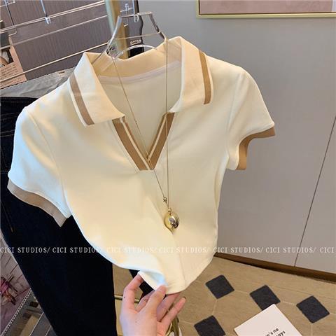 Pure desire for hot girls high waist slim short style design sense Polo collar short sleeved t-shirt women's summer 2022 new T-shirt blouse