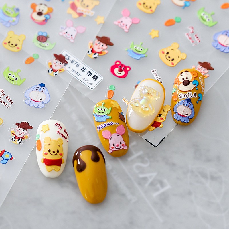 Miếng Dán Trang Trí Móng Tay Trong Suốt Họa Tiết Gấu Pooh / Heo / Hổ 5D TS-876
