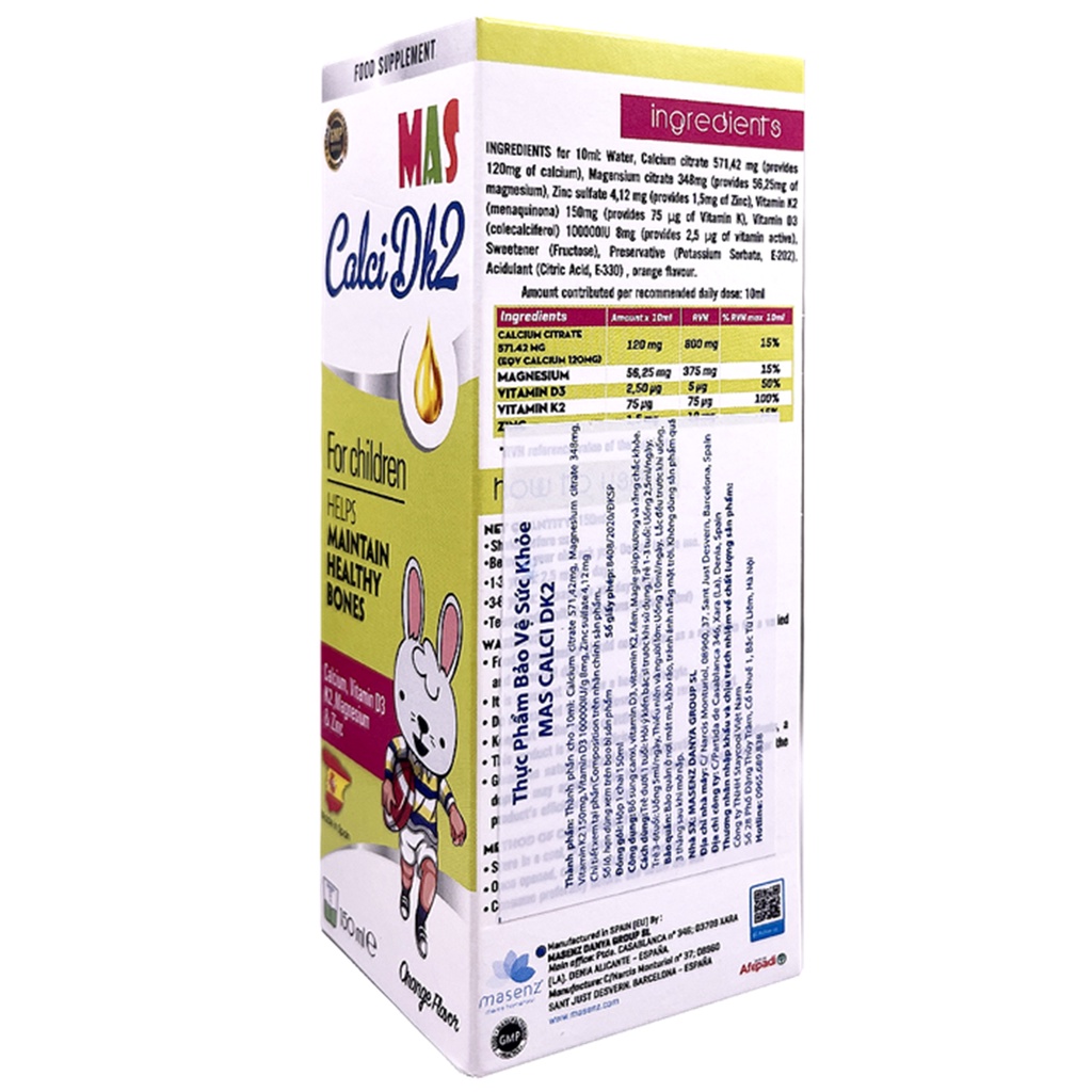 BỔ SUNG CANXI VITAMIN D3 VÀ KẼM MAS CALCI DK2 150ml