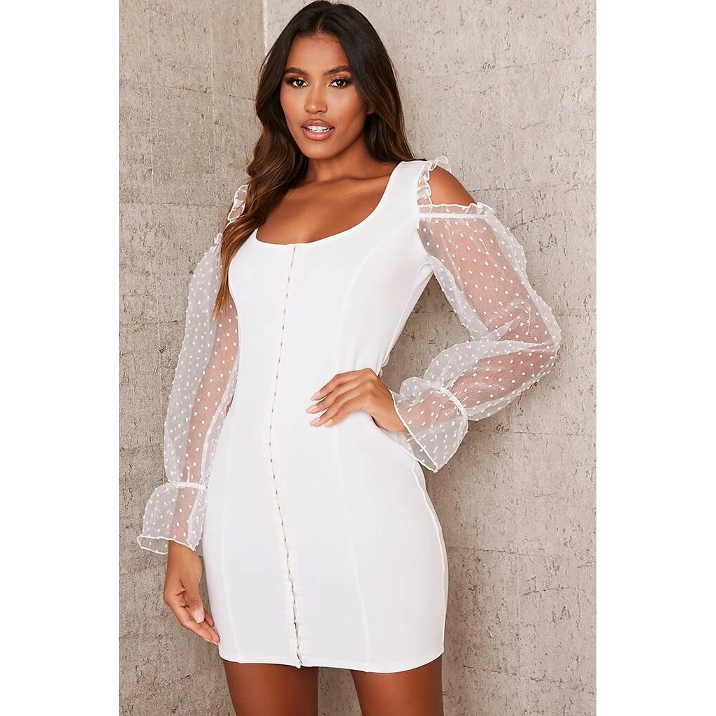Đầm ôm midi tay lưới chấm bi White Dobby Mesh Sleeve Hook And Eye Bodycon Dress