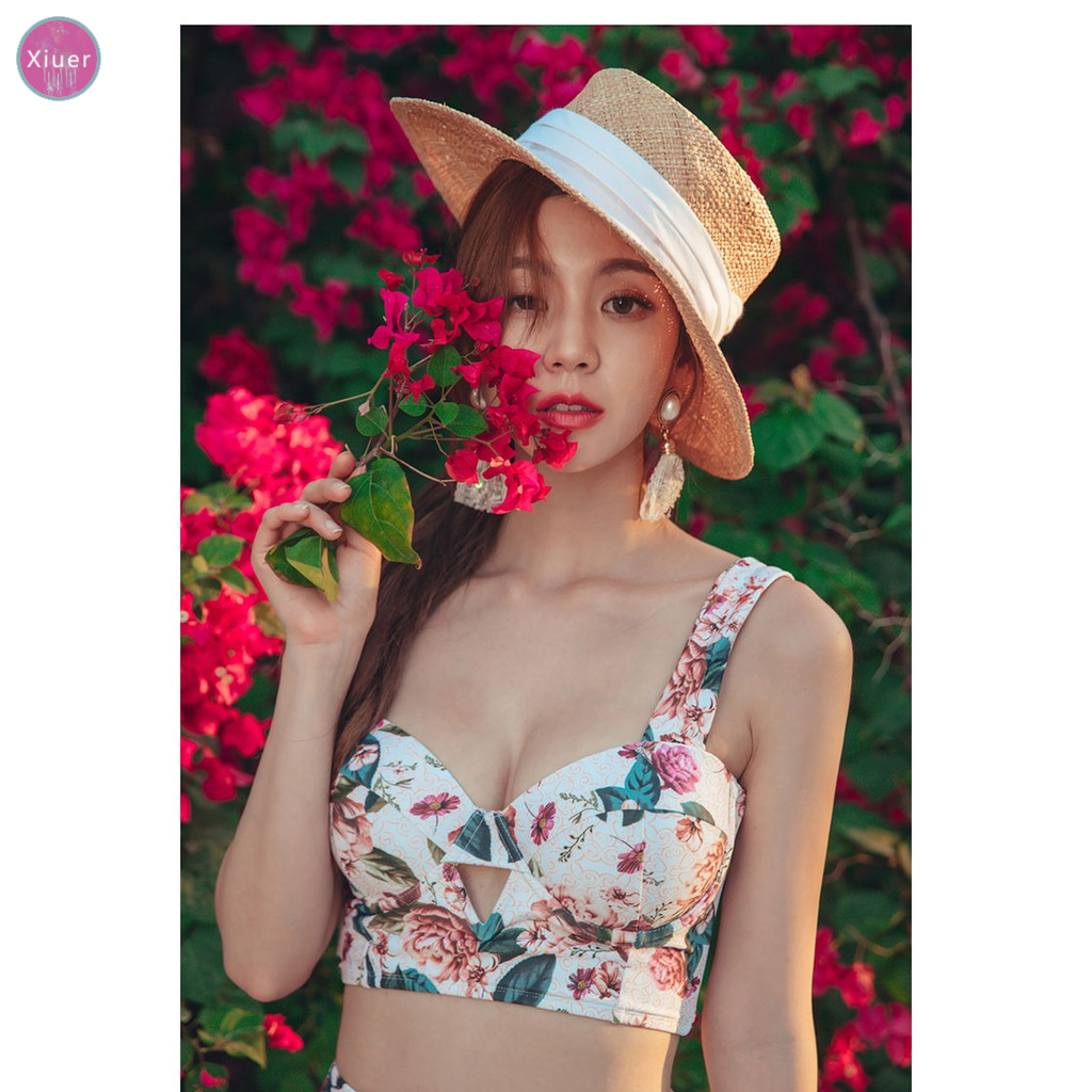 Bikini lưng cao gợi cảm, áo tắm hoa đeo chéo, vải cao cấp, có ngực xốp, đồ đi biển Y07 | BigBuy360 - bigbuy360.vn