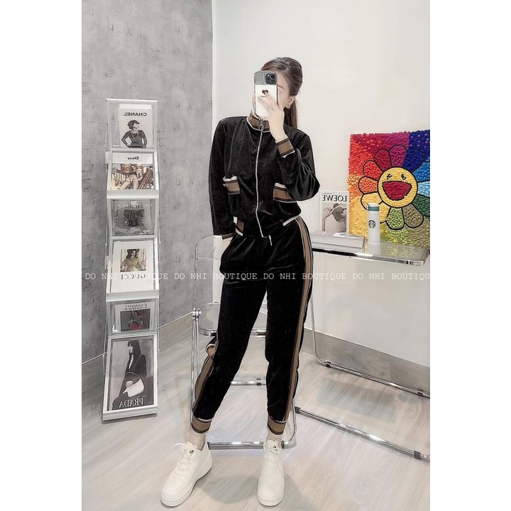 Bộ nhung nữ kẻ nâu siêu sang