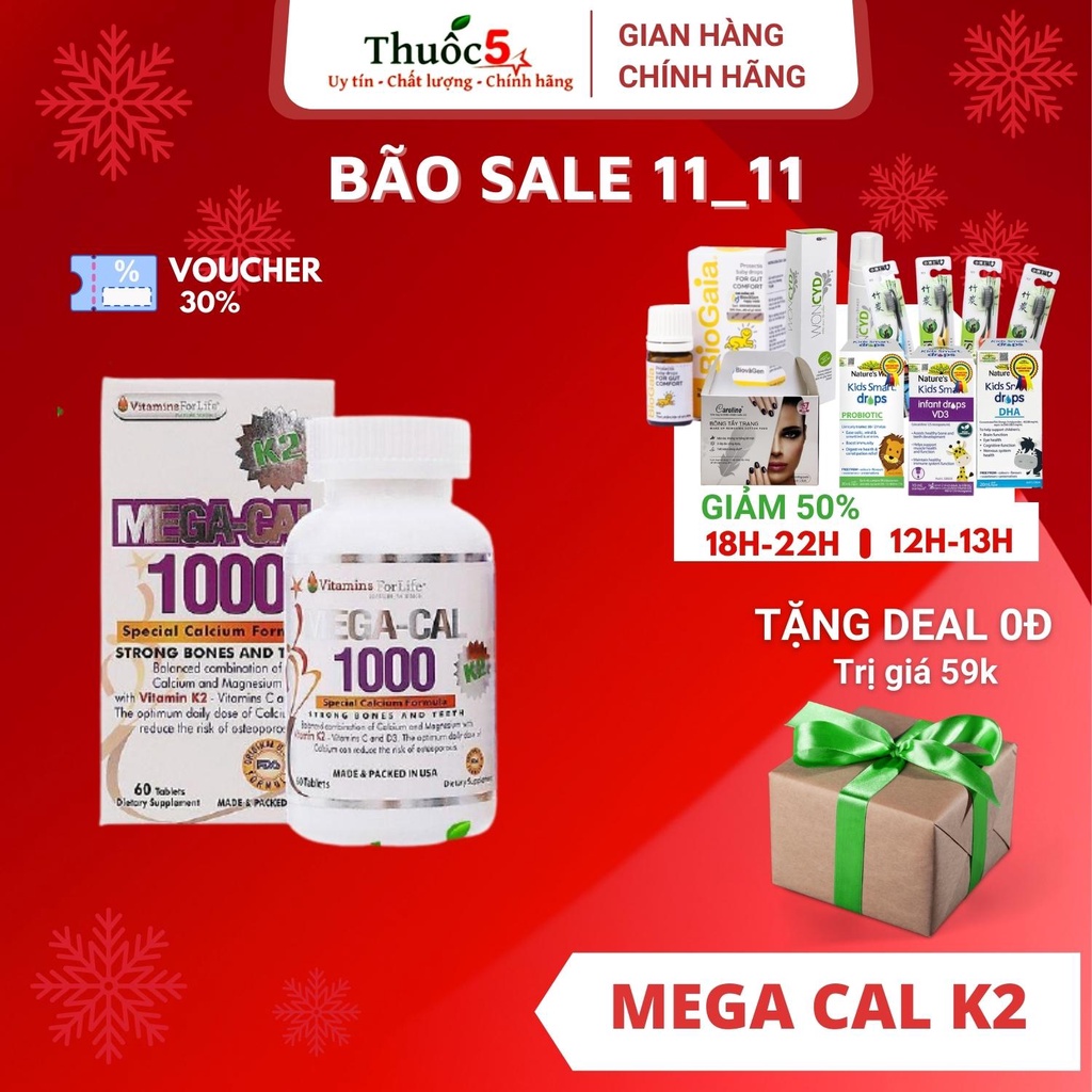 Canxi Mega Cal K2 1000mg Cung cấp canxi, Vitamin D3 chống loãng xương
