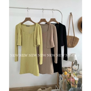 Set đầm 2s vải xốp nhăn dáng ôm kèm áo khoác ngoài freesize Pumi