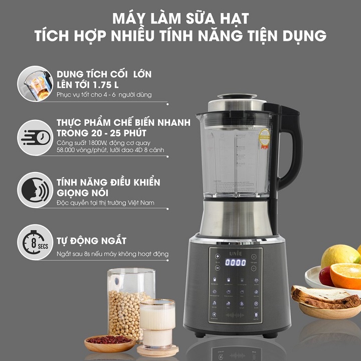 Máy làm sữa hạt đa năng 1800W với 10 chức năng chất liệu INOX 304 cao cấp UNIE - V6S