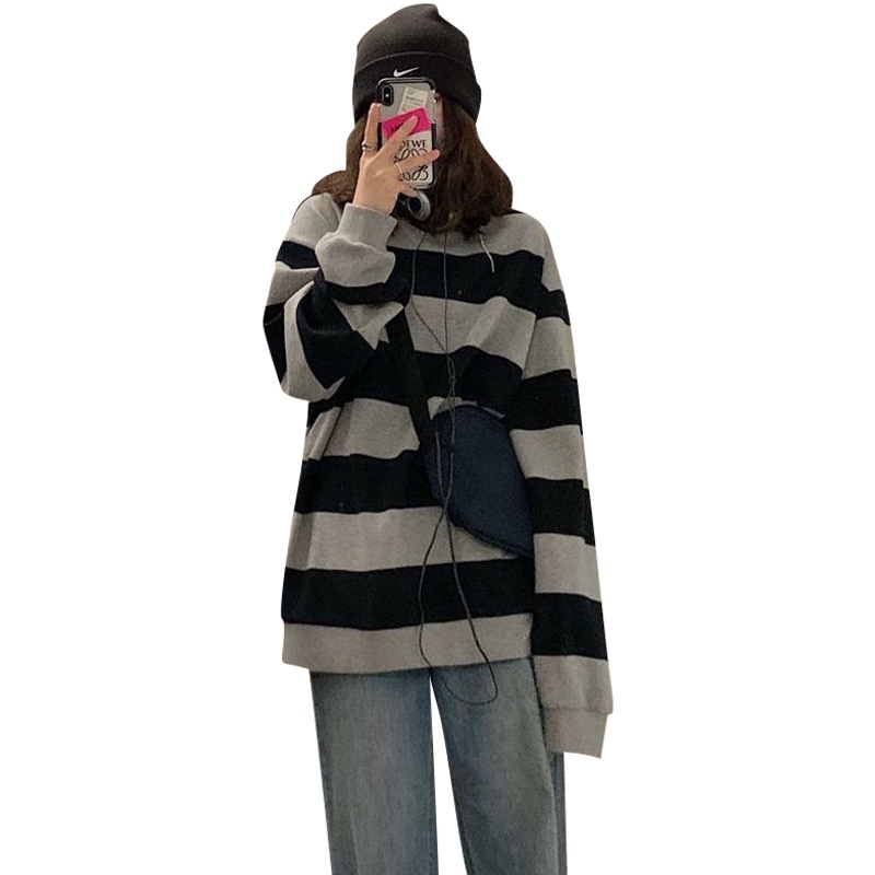 Áo Sweater Mỏng Chui Đầu Dáng Rộng Kẻ Sọc Thời Trang Mùa Thu Mới 2022